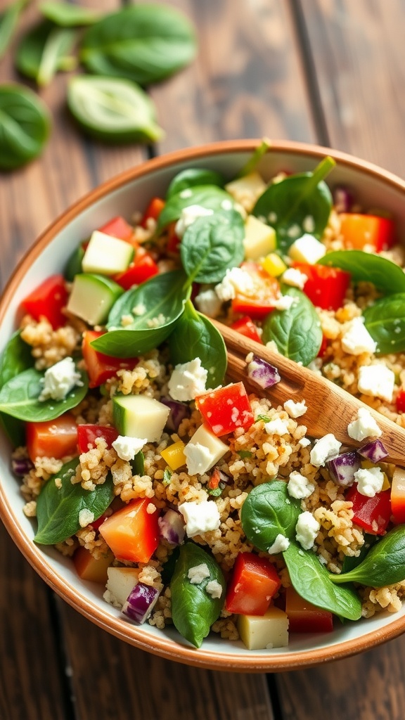 A colorful spinach quinoa salad with quinoa, spinach, bell peppers, cucumbers, and feta cheese on a wooden table.